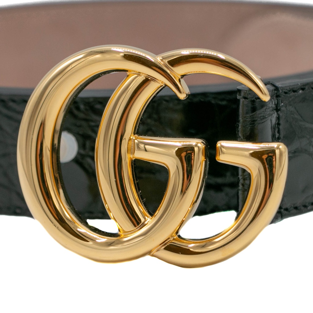 Guccin GG Marmont Leather Slim Black Belt with Shiny Buckle